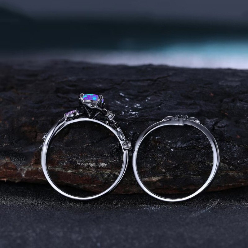 2pcs Black Teardrop Cut Purple Stone Ring Set